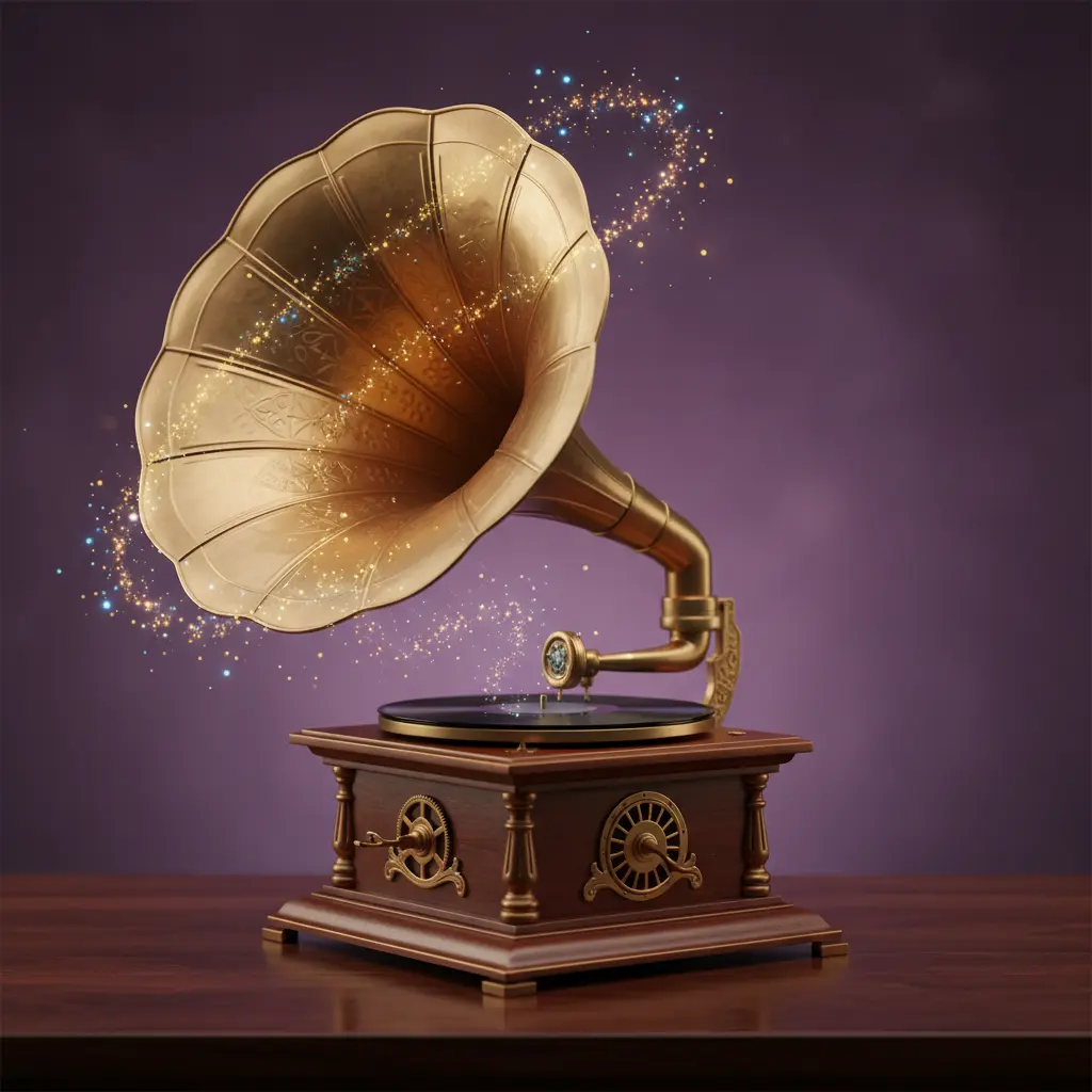 A classic brass phonograph record player